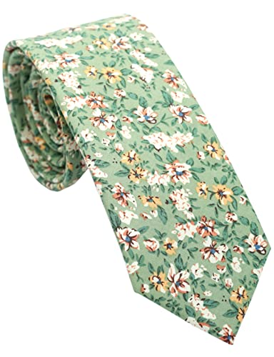 Cotton 2.5-Inch Skinny Floral Tie and Pocket Square Set for Men - color: Jade Green