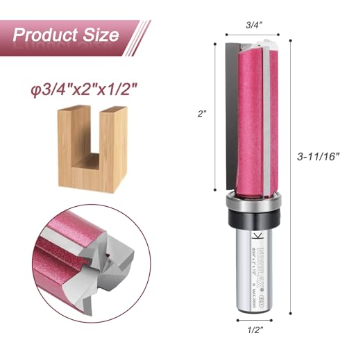 3-Flute Top Bearing Flush Trim Bit 1/2" Shank 3/4" Dia 2" Cut Length - size: 3/4"Dia x 2" x 1/2"Sh, style: Top Bearing