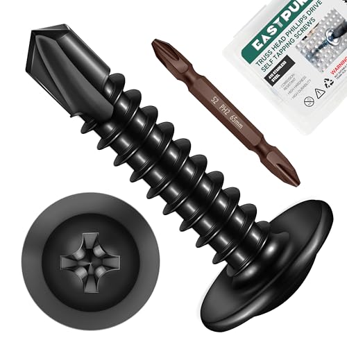 #10 x 1 Black Self Tapping Screws for Metal, Truss Head Phillips Drive 410 Stainless Steel Self Drilling Sheet Metal Screws with Drill Bit, Fast Tapping (Box of 100) - color: Black, size: #10 x 1"