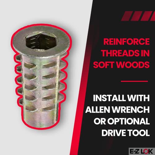 E-Z LOK Knife Threaded Insert for Soft Wood, Zinc Hex-Flanged Thread Inserts M6-1.0 Internal Threads, 20 mm Length Pack of 50