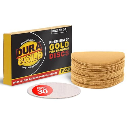 Dura-Gold - Premium - 220 Grit 3" Gold Hook & Loop Sanding Discs for DA - size: 220-Grit