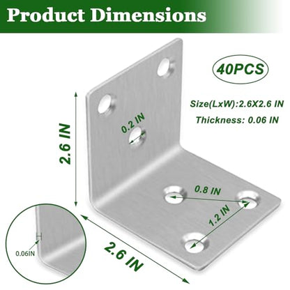 40PCS L Brackets 2.6X1.89X0.08IN 304 Stainless Steel Corner Braces - size: 2.6X1.89X0.08IN