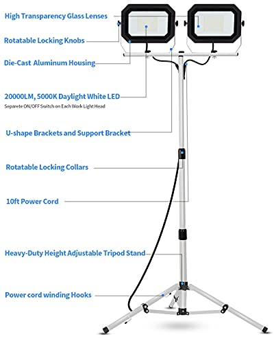 UFOND 20000 Lumen 200W LED Work Light with Stand for Garage Construction