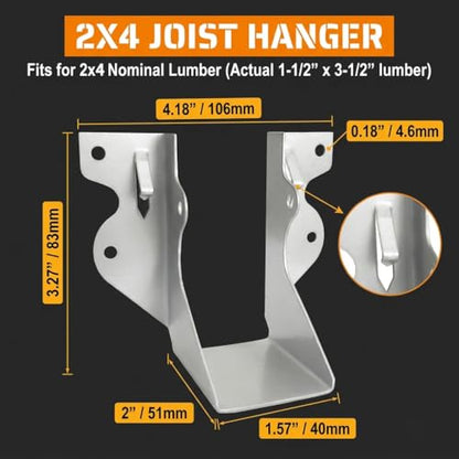 50 Pack 2x4 Joist Hangers, 18 Gauge Galvanized Face Mount - size: 2" x 4"