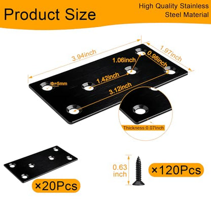 20 Pack Flat Straight Brace Bracket, 4 x 2 inch Black Steel Stainless Mending Plate with Screws, Flat Metal Brackets for Wood Furniture Shelves Repair (100 × 50 mm)