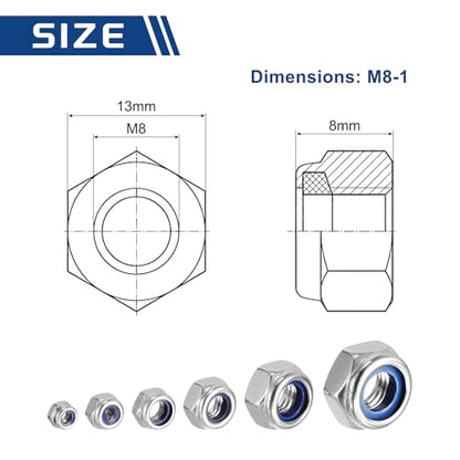 25Pcs M8-1 Nylon Locking Hex Nuts 304 StainlessSteel Silver - color: Silver, size: M8x1mm