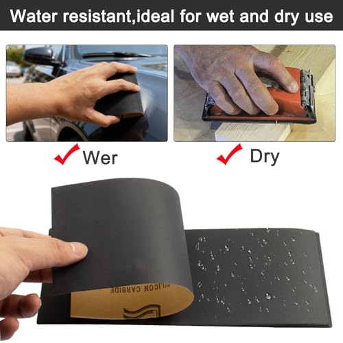 45Pcs Wet Dry Sandpaper, 400/600/ 800/1000/ 1200/1500/ 2000/2500/ 3000 Grit Assorted Sanding Sheets for Automotive Polishing, Metal Sanding, Wood Furniture Finishing, 9 x 3.6 Inch