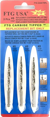 FTG USA 3 Pk #8 (11/64") HSS M2 Tapered Replacement Bits for TCT Countersink - size: #8 (11/64"), style: Standard Flute 3-Pack