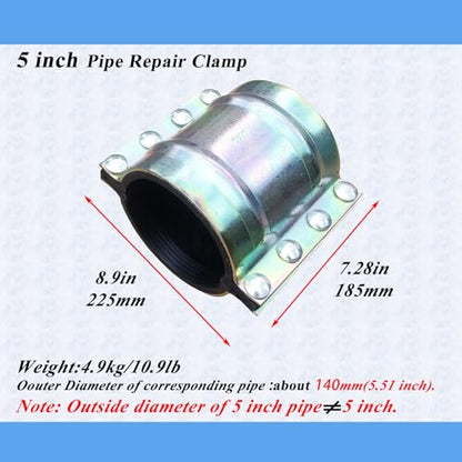 Water Pipe Repair Clamp for 5 inch Pipe(OD of The Applied Pipe about 5.51 inch),Leak Sealer for Pipes and Plumbing,Length 7.3 inch,Suitable for Steel/Iron/Stainless Steel/PE/PPR Pipes - size: 5 inch