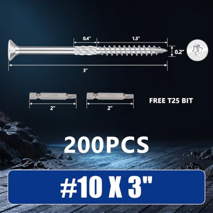 #10x3 inch Stainless Steel Deck Screws 200 PCS Wood Screws with T25 Bit - size: #10*3"---200pcs