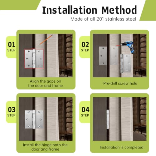 3 Pack Door Hinges 3 x 3 Inches, Heavy Duty Stainless Steel Ball Bearing Hinges with Screws, Non Removable Pin, Brushed Nickel, Smooth and Quiet - size: 3x3inch - 3 Pack