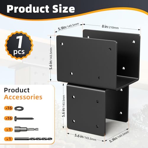 6x6 Post Brackets 2 Pack, Stainless Steel Post to Beam Connector - color: 1 Pcs-Black, size: 6"x6"(Actual 5.5"x5.5")