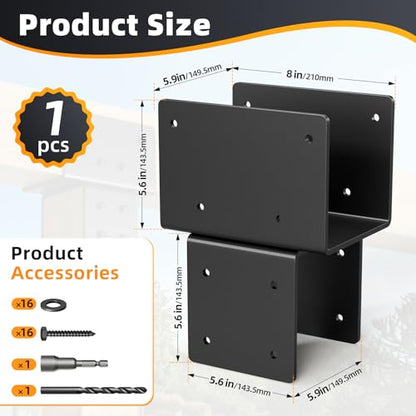 6x6 Post Brackets 2 Pack, Stainless Steel Post to Beam Connector - color: 1 Pcs-Black, size: 6"x6"(Actual 5.5"x5.5")