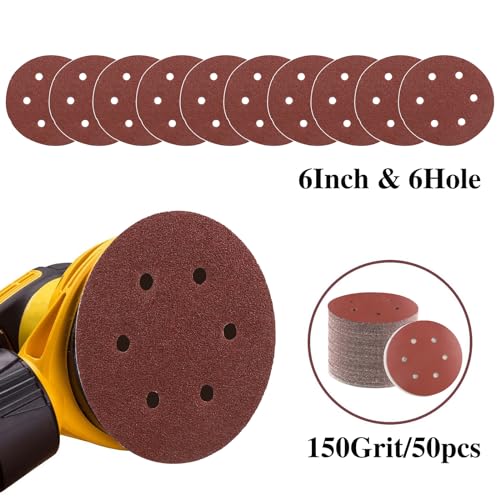 B BRESUCNY 6 Inch 150 Grit Sanding Discs, 50 PCS 6 Hole Hook and Loop Sandpaper, Round Aluminum Oxide Sand Paper Discs for Sander - style: 150 Grit