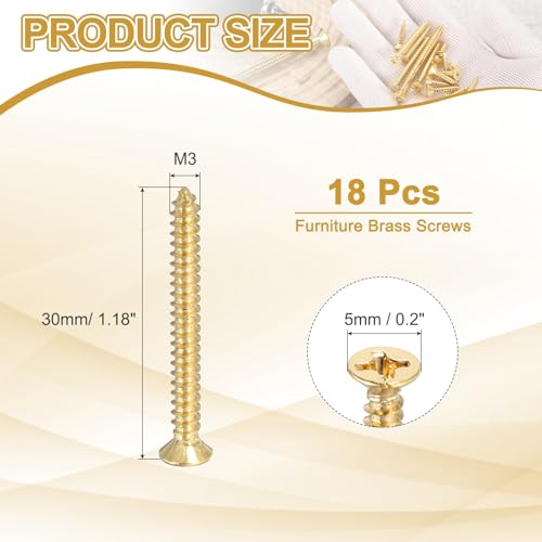 MECCANIXITY Brass Phillips Wood Screws, M3 x 30mm Brass Phillips Flat Wood Screws Self-Tapping Furniture Connector for Door Hinges, Wood Crafts and DIY Projects,(Gold Tone, Pack of 18) - size: M3 x 30mm