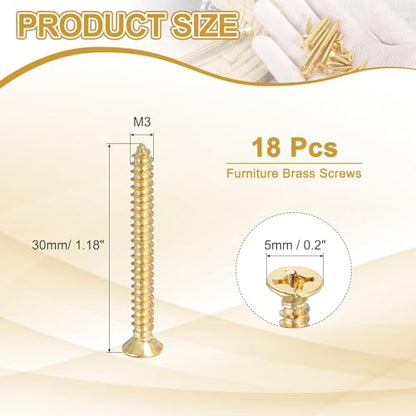 MECCANIXITY Brass Phillips Wood Screws, M3 x 30mm Brass Phillips Flat Wood Screws Self-Tapping Furniture Connector for Door Hinges, Wood Crafts and DIY Projects,(Gold Tone, Pack of 18) - size: M3 x 30mm