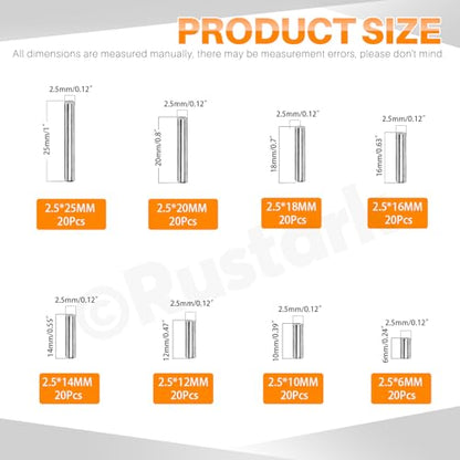 160Pcs M2.5 304 Stainless Steel Dowel Pin Assortment Kit Cylindrical Shelf Support Pegs Pin Rod Fastener Elements for Mechanical Manufacturing Industry - size: M2.5