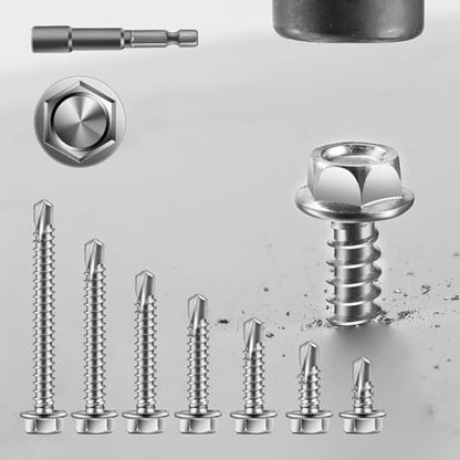 #8 x 3/4" Self Drilling Screws (218Pcs) Hex Washer Head 410 Stainless Steel Self Tapping Screws for Metal Sheet Metal Screws with Hex Socket Included - color: Silver, size: #8 x 3/4"