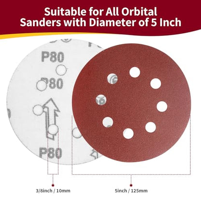 5 Inch 8 Hole Sanding Discs Hook and Loop, 20 PCS 80 Grit Round Sand Paper Disc (80 Grit) - size: 5 Inch