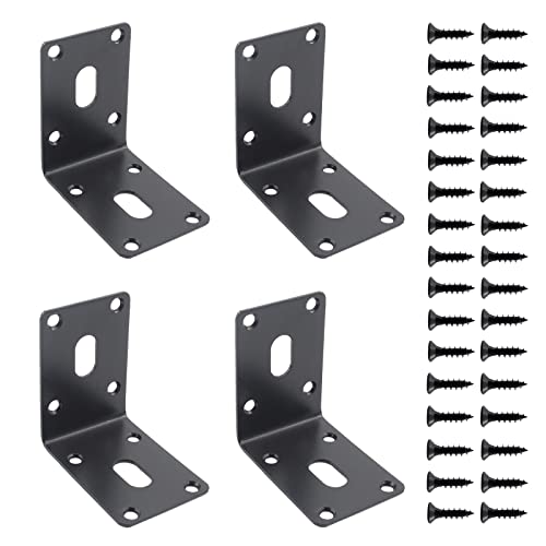 4PCS L Bracket Corner Brace, ULIFESTAR Stainless Steel Heavy Duty Black Corner Bracket,90 Degree Joint Right Angle Bracket,Metal L Brackets for Wood Furniture Bedframe Cabinet Drawer Chair with Screws - size: 70x70x1.8mm/2.8x2.8x0.1'' 8+2 Holes