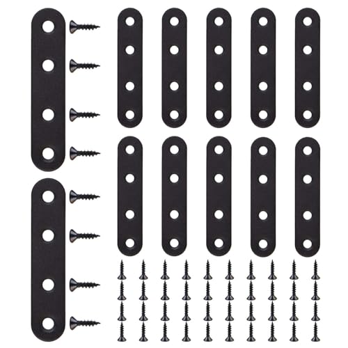 12 Pcs Flat Straight Brace Flat Straight Bracket Stainless Steel Flat Plate Straight Brackets Metal Mending Joining Plates for Wood Furniture Repair Fixing Bracket Connector with Screws (Black)