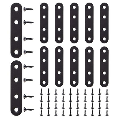 12 Pcs Flat Straight Brace Flat Straight Bracket Stainless Steel Flat Plate Straight Brackets Metal Mending Joining Plates for Wood Furniture Repair Fixing Bracket Connector with Screws (Black)