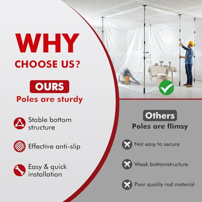 12FT Dust Barrier Poles, 4Pack Spring Retractable Zipper Wall Poles