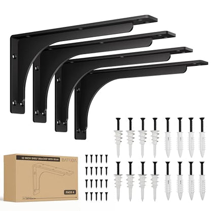 BATODA Pack 4 12" x 6" L Bracket with Beam, Wall Mounted, 300 Lbs Capacity - size: 12 Inch