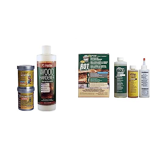 PC-Products PC-Woody Wood Repair Epoxy Paste, Two-Part 12 oz, and PC-Petrifier Wood Hardener 16 oz, Kit & PC-Rot Terminator Epoxy Wood Hardener, Two-Part 24oz in Two Bottles, Amber 240618