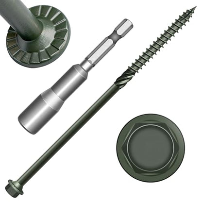 Mywish 100 Pack #14 x 6 Inch Exterior Lag Screws, 6.3x100mm Serrated Hex Washer Structural Deck Wood Screw, Heavy Duty Construction Screw, Rust Resistant Green Coated, Exterior Wood Screws - size: 14 x 6"