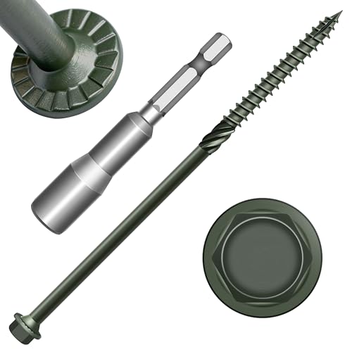 Mywish 20 Pack #14 x 6 Inch Exterior Lag Screws, 6.3x100mm Serrated Hex Washer Structural Deck Wood Screw, Heavy Duty Construction Screw, Rust Resistant Green Coated, Exterior Wood Screws - size: 14 x 6"