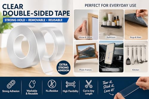 Double Sided Mounting Tape, Heavy Duty Clear Adhesive Tape, Removable Wall Mounting Tape for Home, Office, Crafts & DIY, 3m x 3cm, 1mm Thick