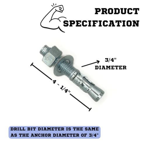 MIGHTY FASTENERS Zinc-Plated Steel Wedge Anchors, 3/4" X 4-1/4" - Heavy-Duty Mounting Bolts for Concrete - 25 Pack - size: 3/4" X 4-1/4"