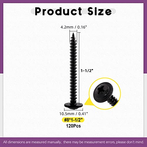 Swpeet 120Pcs #8 x 1-1/2" Phillips Modified Truss Head Wood Screws Kit, Black Phosphate Zinc Plated Carbon Steel Self Tapping Sheet Metal Screws for Plastic, Wood, Soft Materials - color: Black, size: #8 x 1-1/2"