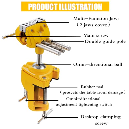 MAXMAN Bench Vise, 360° Cast Steel Swivel Base, 3 inch Multi-Purpose Clamp - color: Yellow