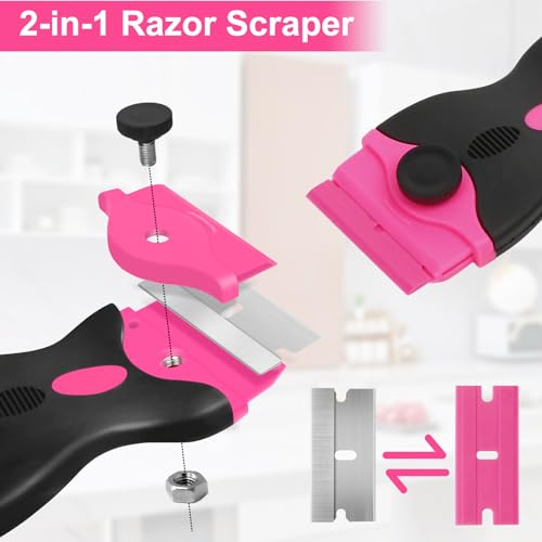THINKWORK 2Pack Razor Blade Scraper with 20Pcs Blades - color: Pink-2pack+20pcs