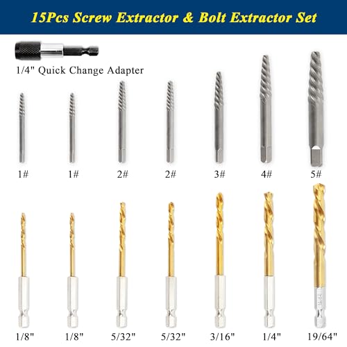 PRIDE&CRAFT 15Pcs Screw Extractor Set, Easy Out Bolt Extractor and HSS Steel Cobalt Left Hand Drill Bit Kit, Stripped Screw Extractor with 1/4'' Adapter for Broken Bolts, Screws and Studs - style: 15-piece