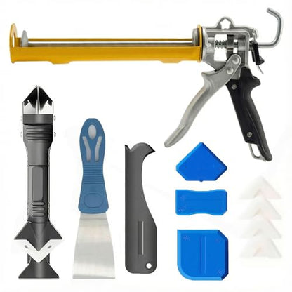 Caulk Gun Kit preventing continuous dripping with dual-mode switch, 10 OZ 360° Rotating Barrel with Scraper and Silicone Sealant for DIY Home Bathroom Renovation & Handyman