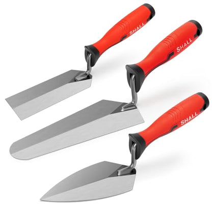 SHALL 3-Piece Masonry Tools Set, 6’’ Margin Trowel, 5.5’’ Pointing and 7’’ Gauging Trowel with Soft Grip Handle, Bricklaying Hand Tool for Concrete, Cement, Plaster, Tile Construction Projects