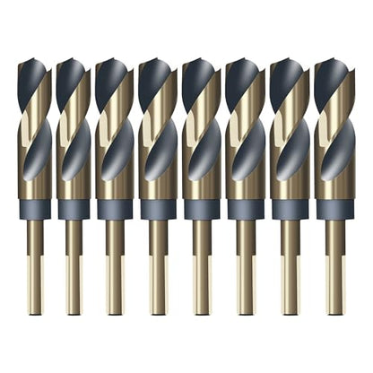 HUHAO 8Pcs Reduced Shank Twist Drill Bit Set from 9/16" to 1",High Speed Steel Drill Bits with 10mm (3/8") & 1/2" Shank,Gold Titanium & Black Nitride Coated Drilling Bit for Hard Wood,Mild Steel - size: 8PC
