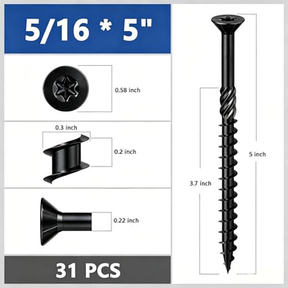 Wensilon 5/16 * 5" Black Deck Screws, (31pcs) 2 lbs.Exterior Wood Screws, Rust Resistant Epoxy Coated, Bronze, Star Bit - color: Black, size: 5/16*5"