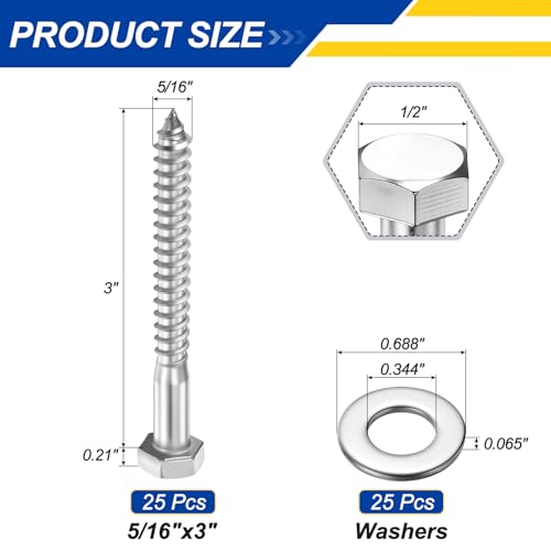 25 Pcs Hex Head Lag Screws 5/16"x3" Silver - color: Silver, size: 5/16"x3"