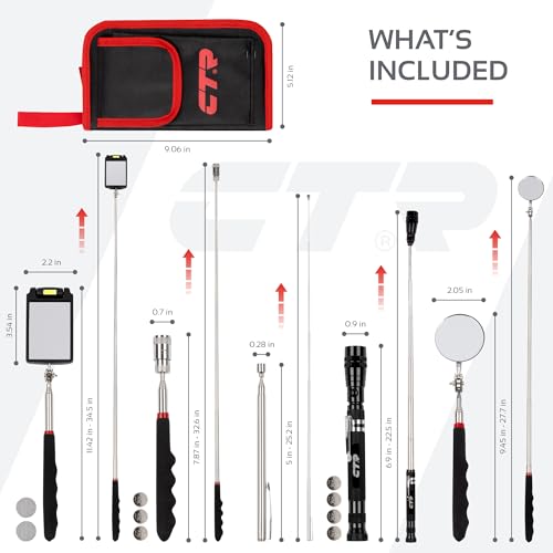 5PCS Magnetic Pickup Tool & Telescoping Inspection Mirror, Mens Gift (Red)