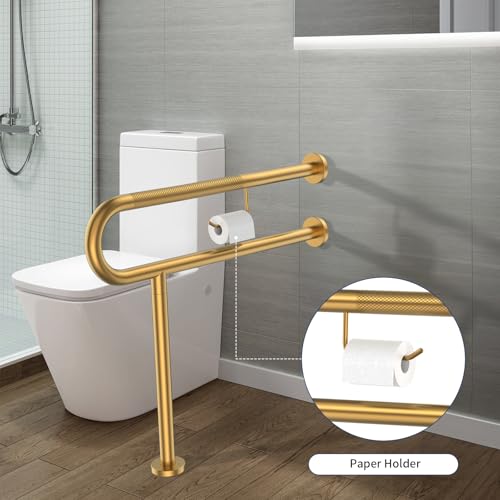 ZUEXT 31.5x28 Inch Gold Knurled Toilet Grab Bar with Toilet Paper Holder - color: Gold, size: 31.5 Inch
