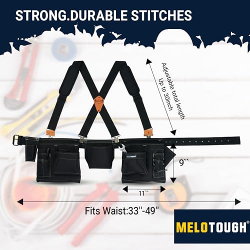 MELOTOUGH 14-Pocket Tool Belt with Suspenders, Tool Rig Organizer (Black)