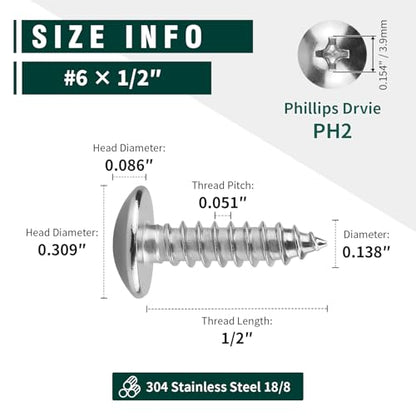 #6 x 1/2" Truss Head Wood Screw, Phillips Truss Head Self Tapping Sheet Metal Tek Screw, 18-8 Stainless Steel 304, Brgiht Finish, 100 PCS - size: #6 x 1/2"