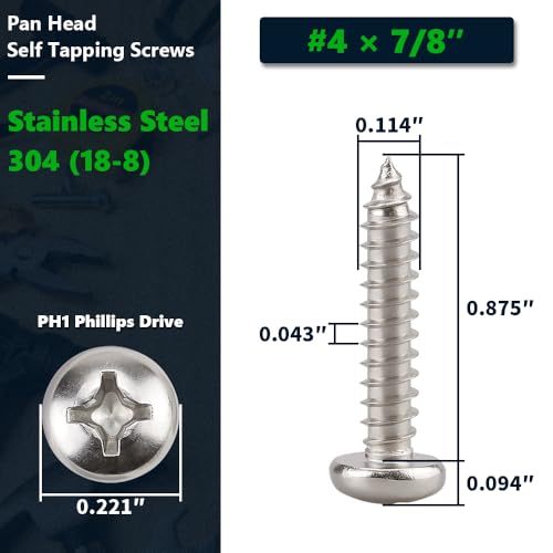 #4 x7/8" (100 Pack) Stainless Steel Phillips Pan Head Wood Screws, Stainless Steel 304 (18-8), Pan Head Sheet Metal Screws Self Tapping for Wood - size: #4 x 7/8"