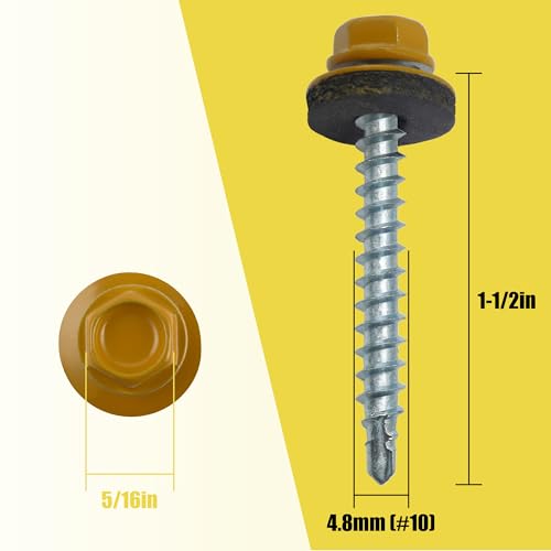 250PCS #10 x 1-1/2" Yellow Hex Head Self-Drilling Metal Roofing Screws - color: Yellow, size: 1-1/2 in