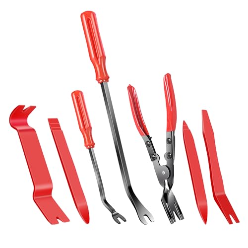 7 Pcs Auto Trim Removal Tool with Plastic Pry Tool, Automotive Car Trim Rivet Clip Removal Tool for Door Panel Dashboard Body, Auto Upholstery Car Fastener Clip Pliers Remover Tools Repair Kit