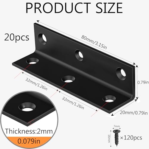 20 PCS Black Steel Corner Brackets 3'' x 0.8'' L Shaped Metal Angle Bracket with Screws, 80 MM 3 Inch Heavy Duty Corner Brace for Wood Furniture, Bookshelf, Cabinet Corner - size: 80x20MM
